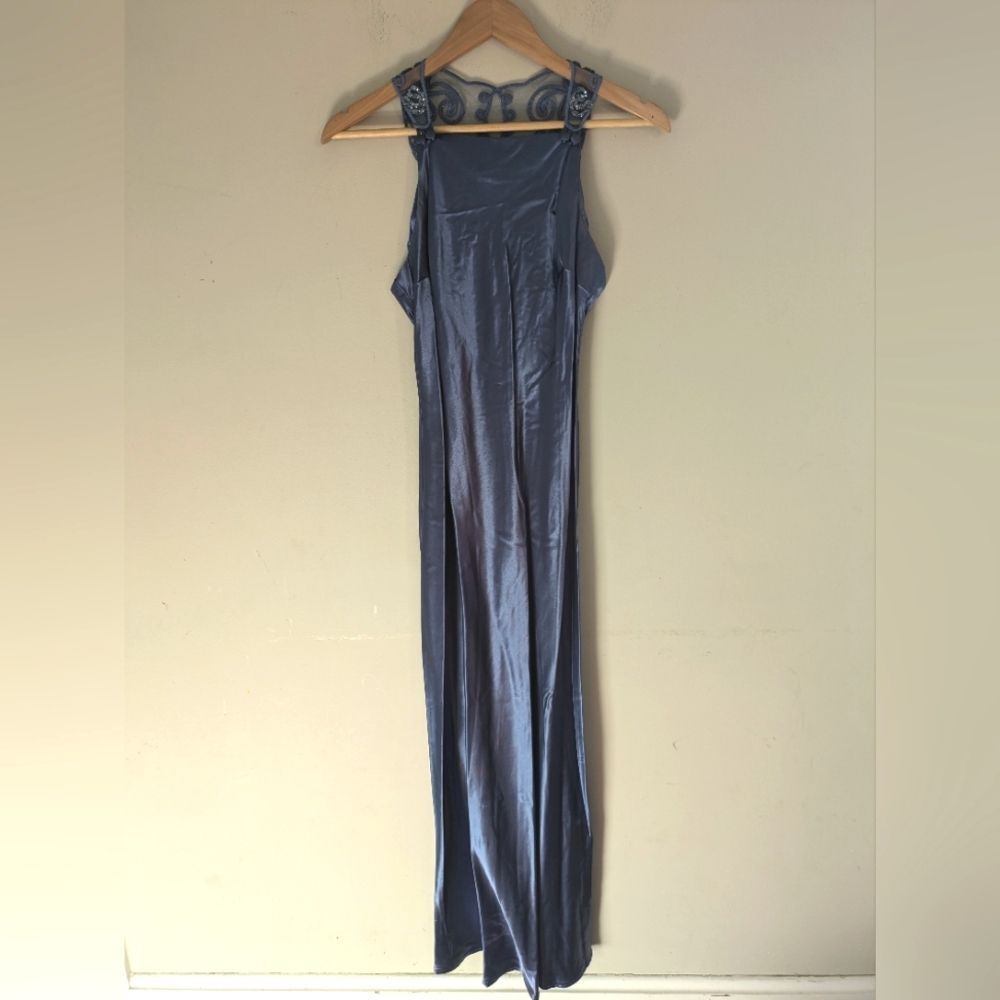 Vtg Roberta Blue Satin Embroidered Formal Gown Y2K Hoco Prom Size 3/4